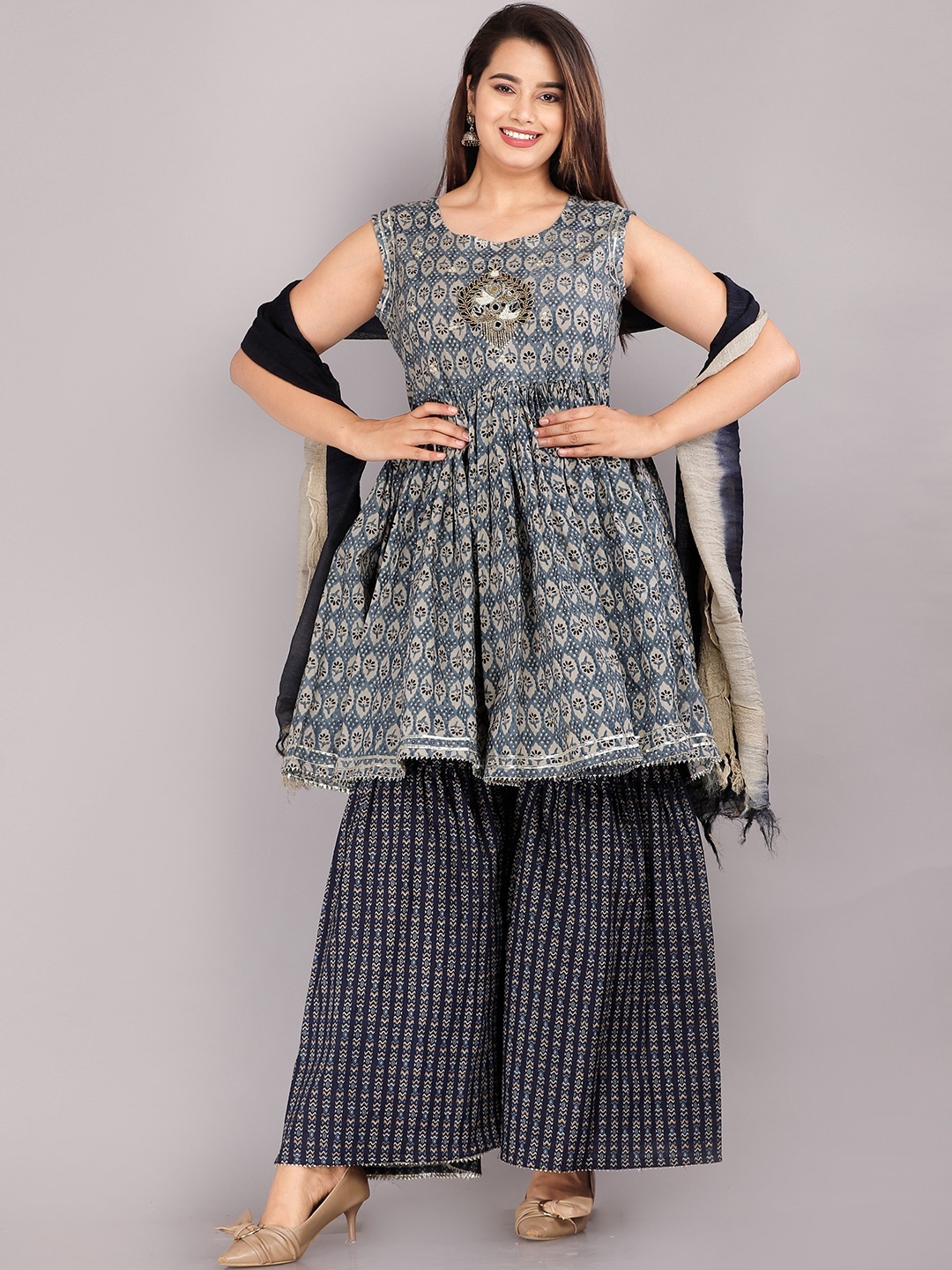 

KALINI Ethnic Motifs Printed Beads & Stones Pure Cotton Kurti With Sharara & Dupatta, Blue