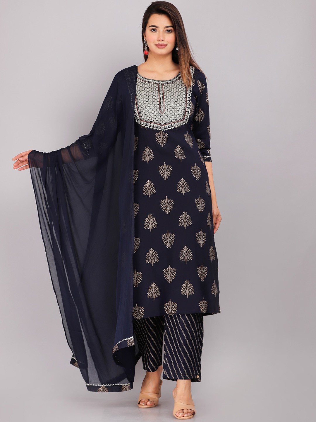 

KALINI Ethnic Motif Printed Thread Work Kurta With Trousers & Dupatta, Navy blue