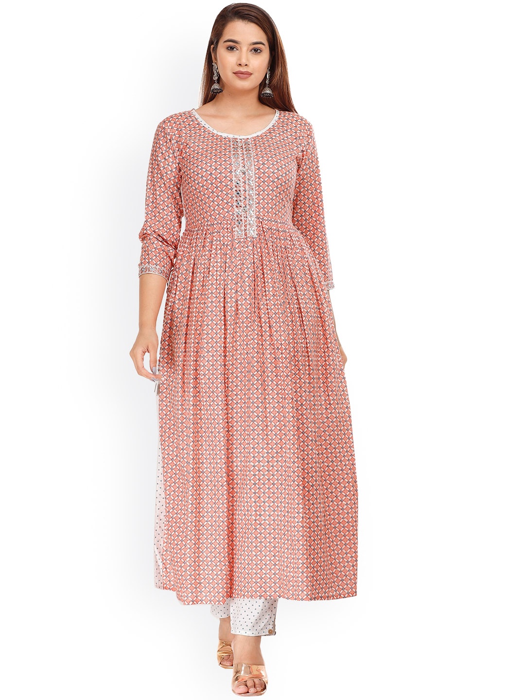 

KALINI Ethnic Motifs Printed Miror Work Detailed A-Line Kurta With Trouser, Peach