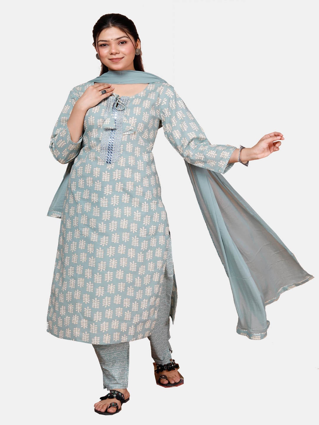 

KALINI Ethnic Motifs Printed Tie-Up Neck Pure Cotton Kurta With Trousers & Dupatta, Sea green