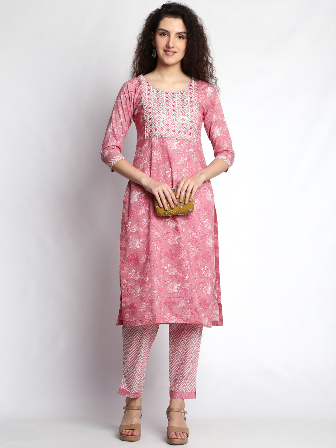 

KALINI Floral Printed Regular Mirror Work Kurta With Trousers, Pink