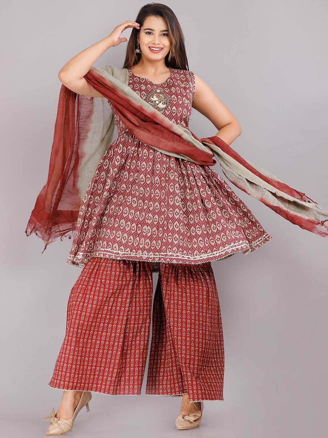 

KALINI Ethnic Motifs Printed Beads & Stones Cotton A-Line Kurta & Sharara With Dupatta, Maroon