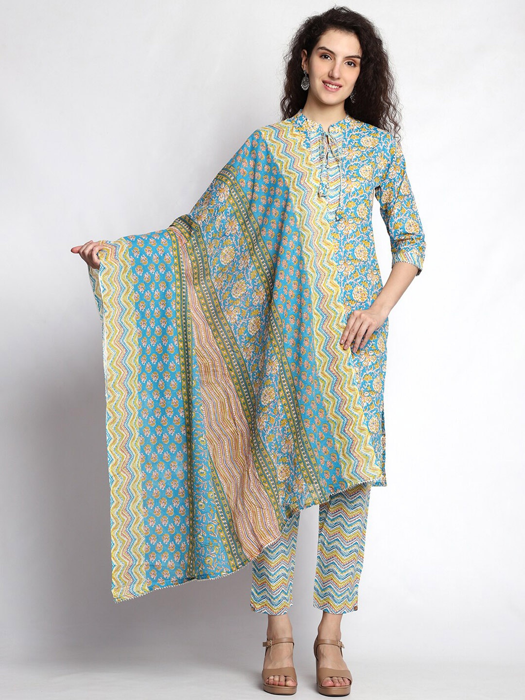 

KALINI Floral Printed Regular Gotta Patti Pure Cotton Kurta With Trousers Dupatta, Blue