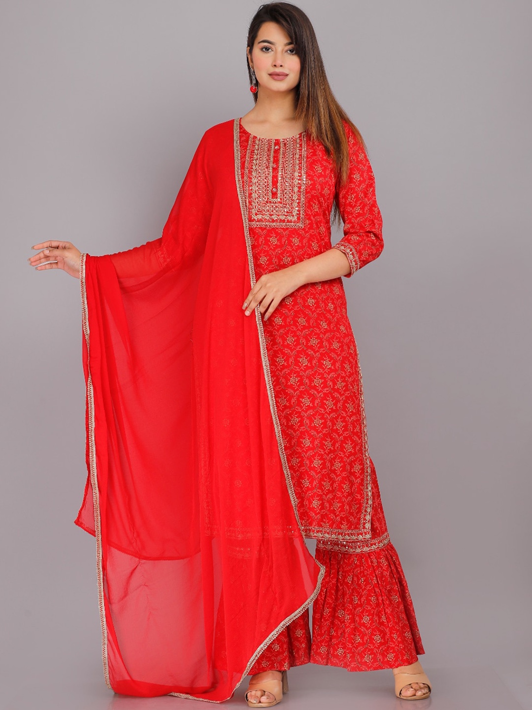 

KALINI Floral Printed Sequinned Straight Kurta With Sharara & Dupatta, Red