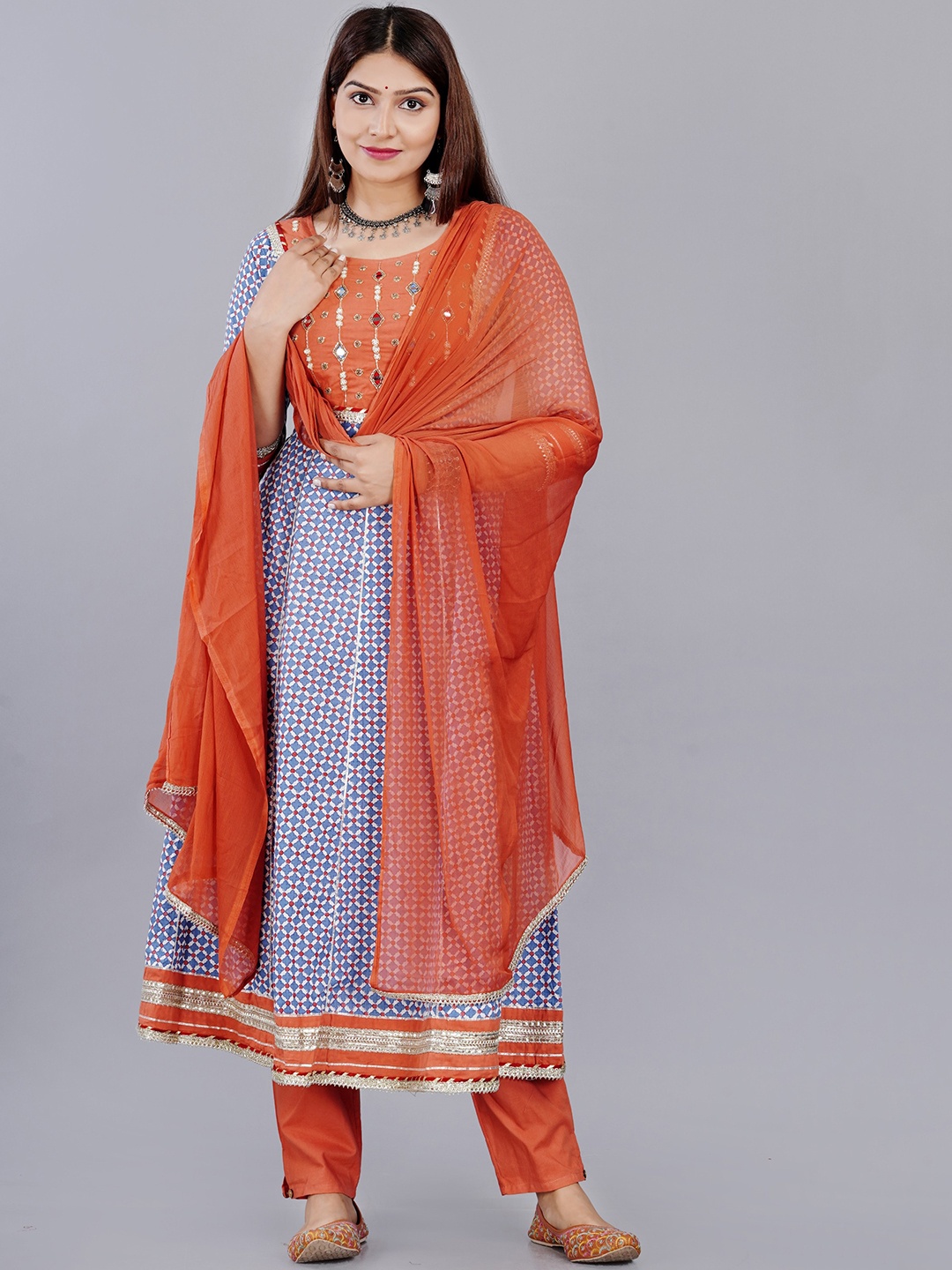 

KALINI Ethnic Motif Printed Beads & Stones Pure Cotton Kurta With Trousers & Dupatta, Blue