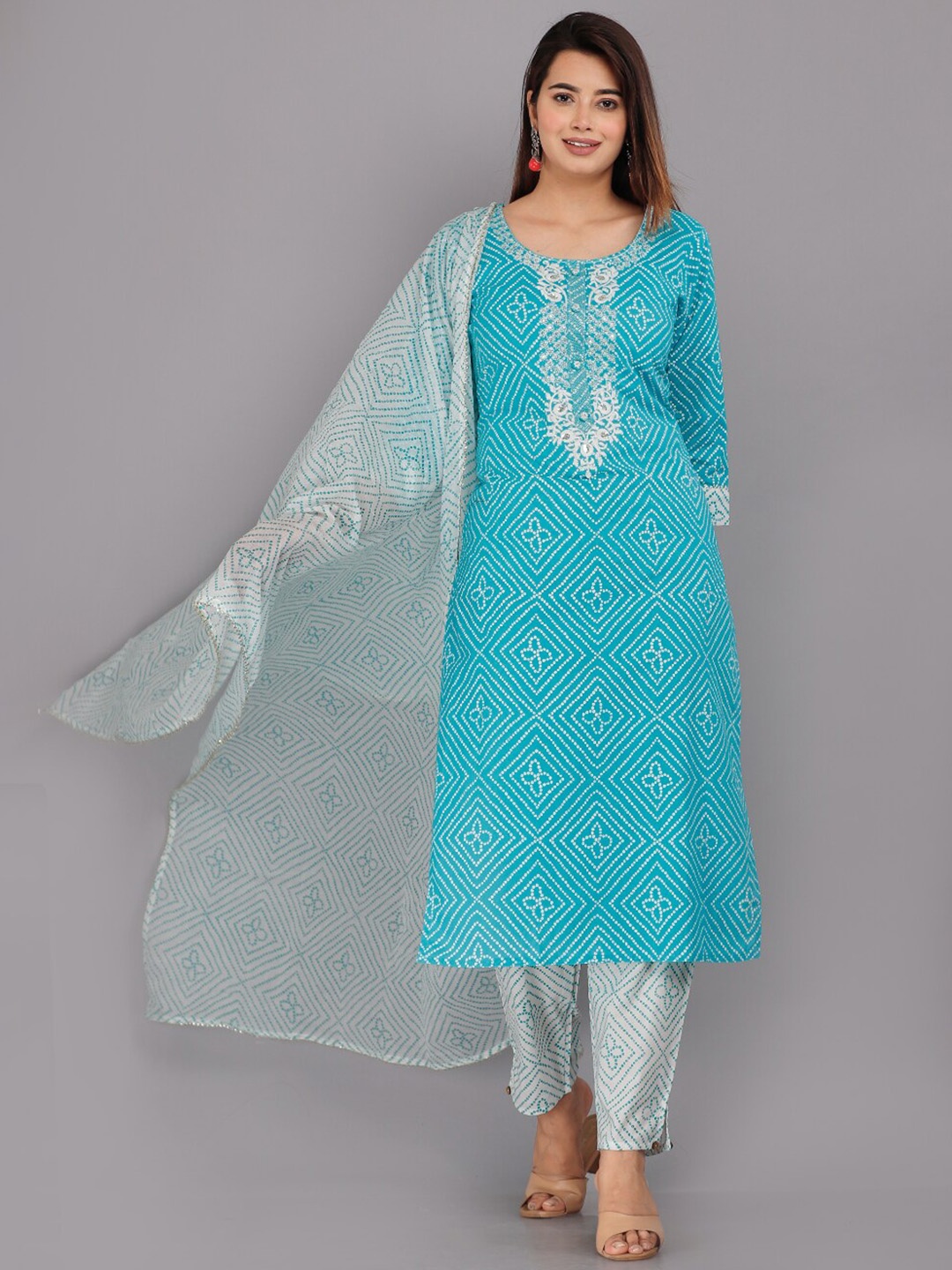 

KALINI Bandhani Printed Thread Work Pure Cotton Kurta With Trousers & Dupatta, Blue