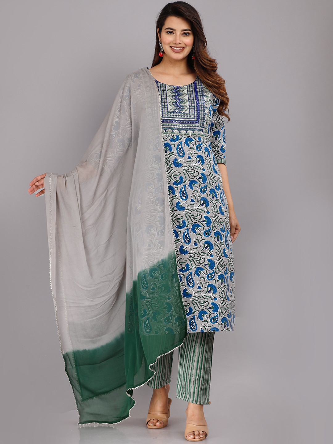 

KALINI Floral Printed Thread Work Straight Kurta With Trousers & Dupatta, Grey