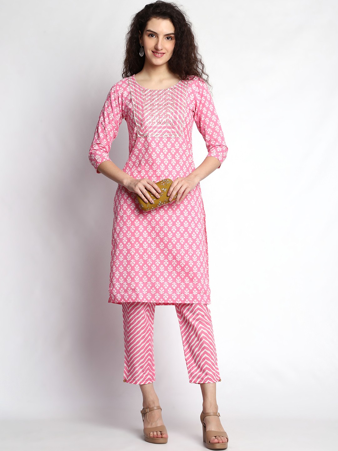 

KALINI Floral Printed Regular Mirror Work Pure Cotton Kurta With Trousers & Dupatta, Pink