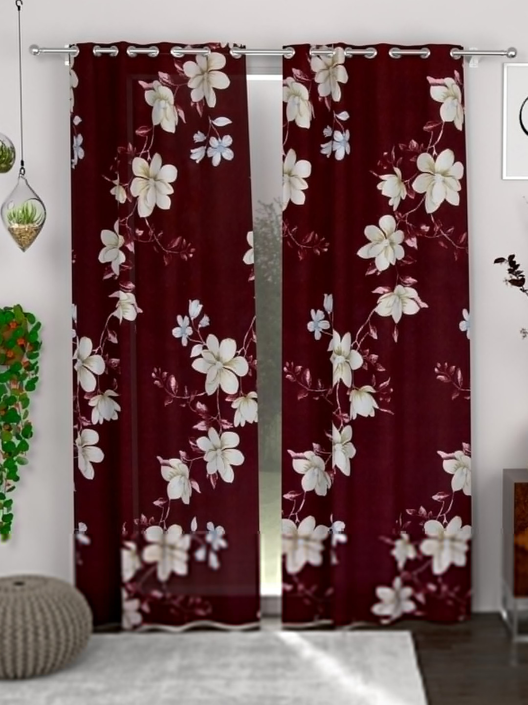 

CG HOMES 2 Pcs Brown & White Floral Door Curtain