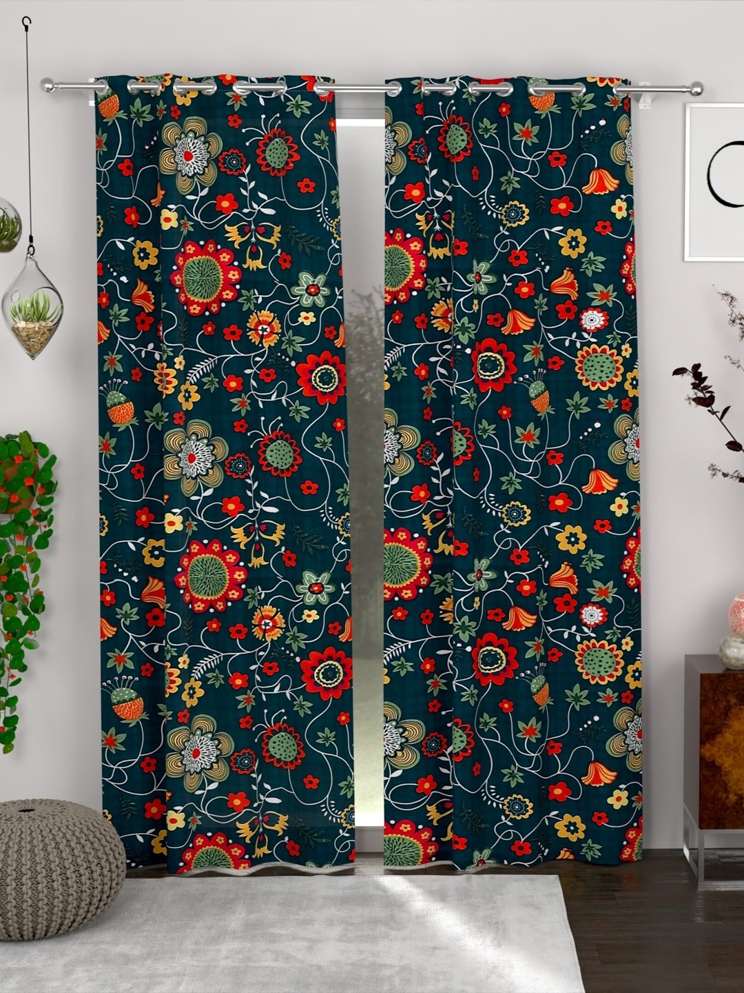 

CG HOMES 2 Pcs Green & Red Floral Door Curtain
