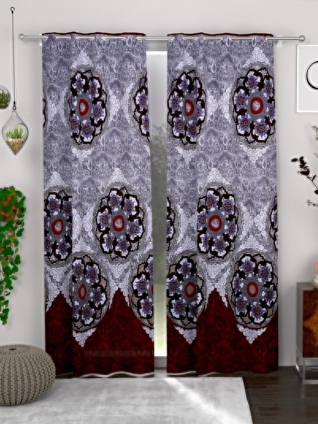 

CG HOMES Grey & White 2 Pieces Floral Printed Door Curtain