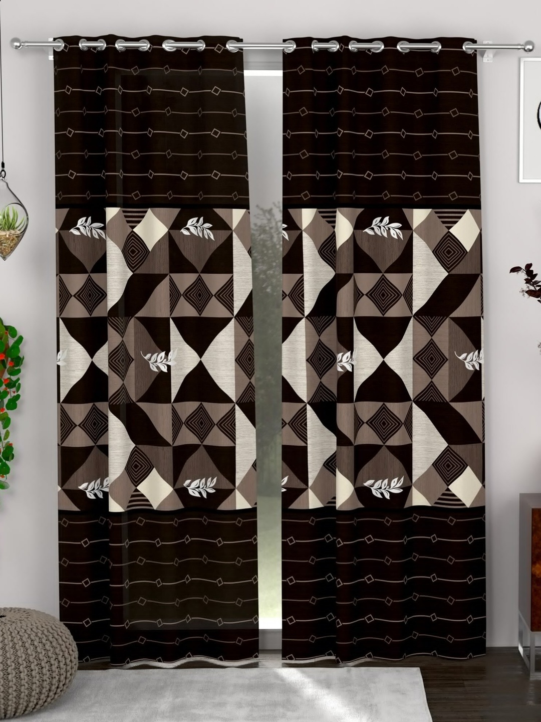 

CG HOMES Brown & Beige 2 Pieces Geometric Printed Door Curtain
