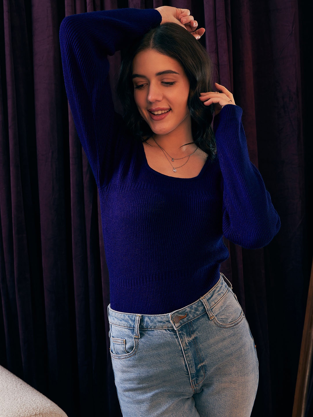 

Berrylush BASICS Striped Scoop Neck Acrylic Pullover, Navy blue