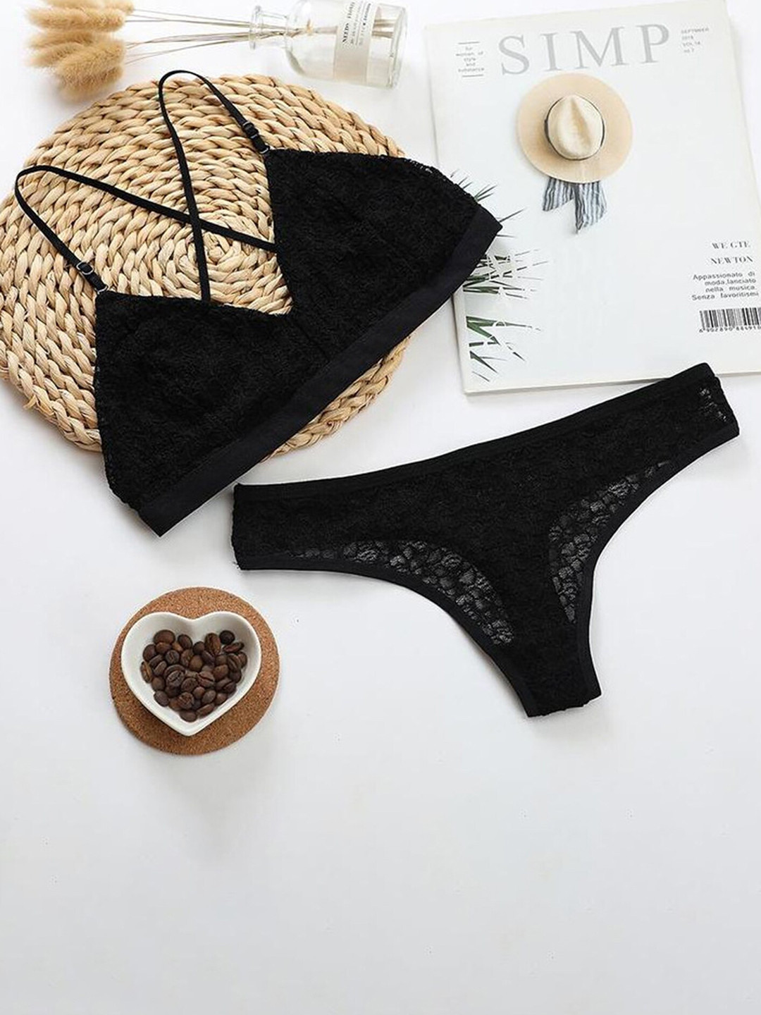 

LULU & SKY Self Design Bikini Lingerie Set, Black