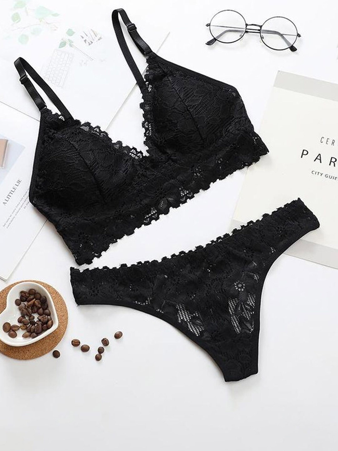 

LULU & SKY Lace Bralette Bikini Lingerie Set, Black