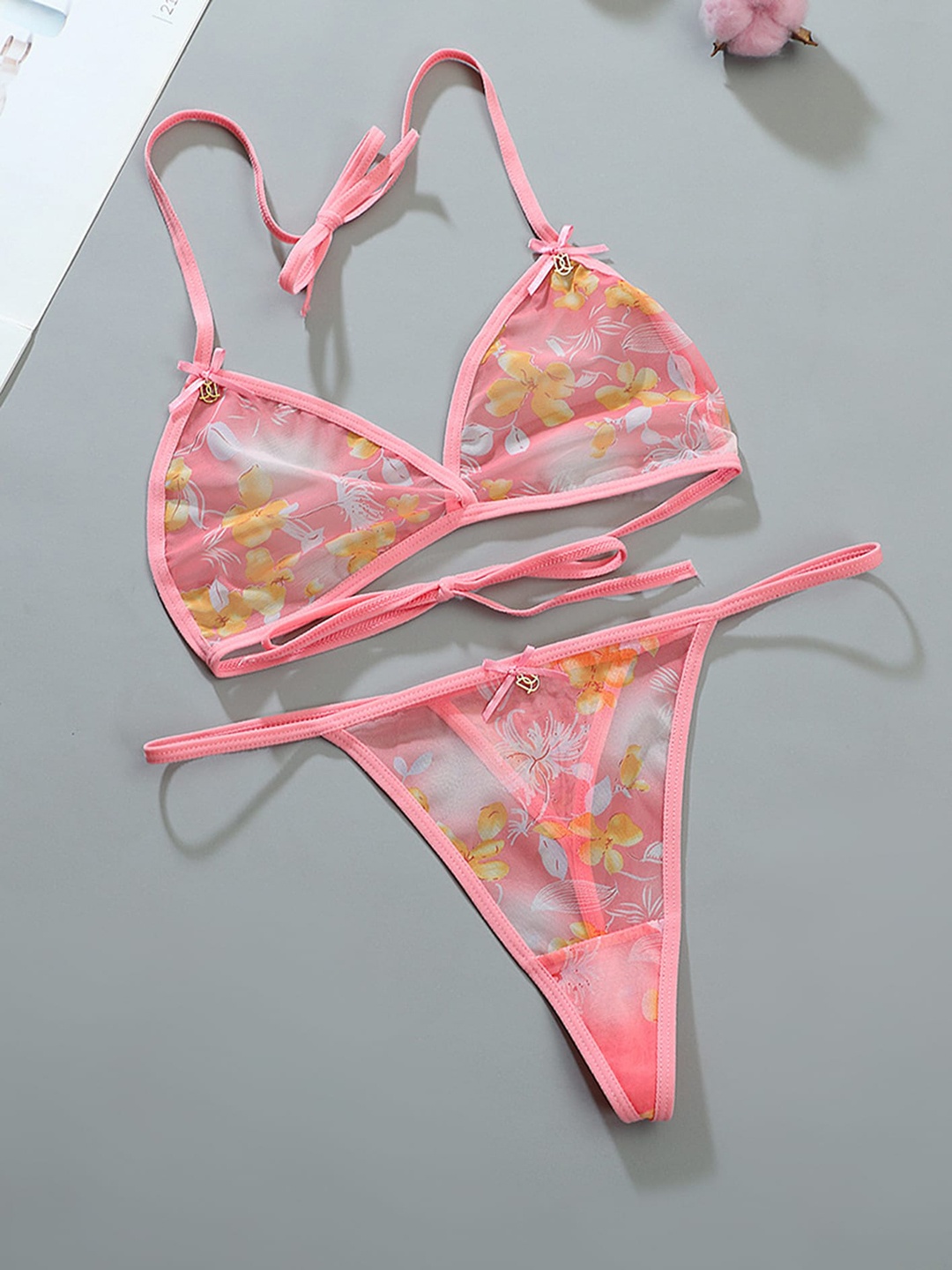

LULU & SKY Printed Mesh Lingerie Set, Pink