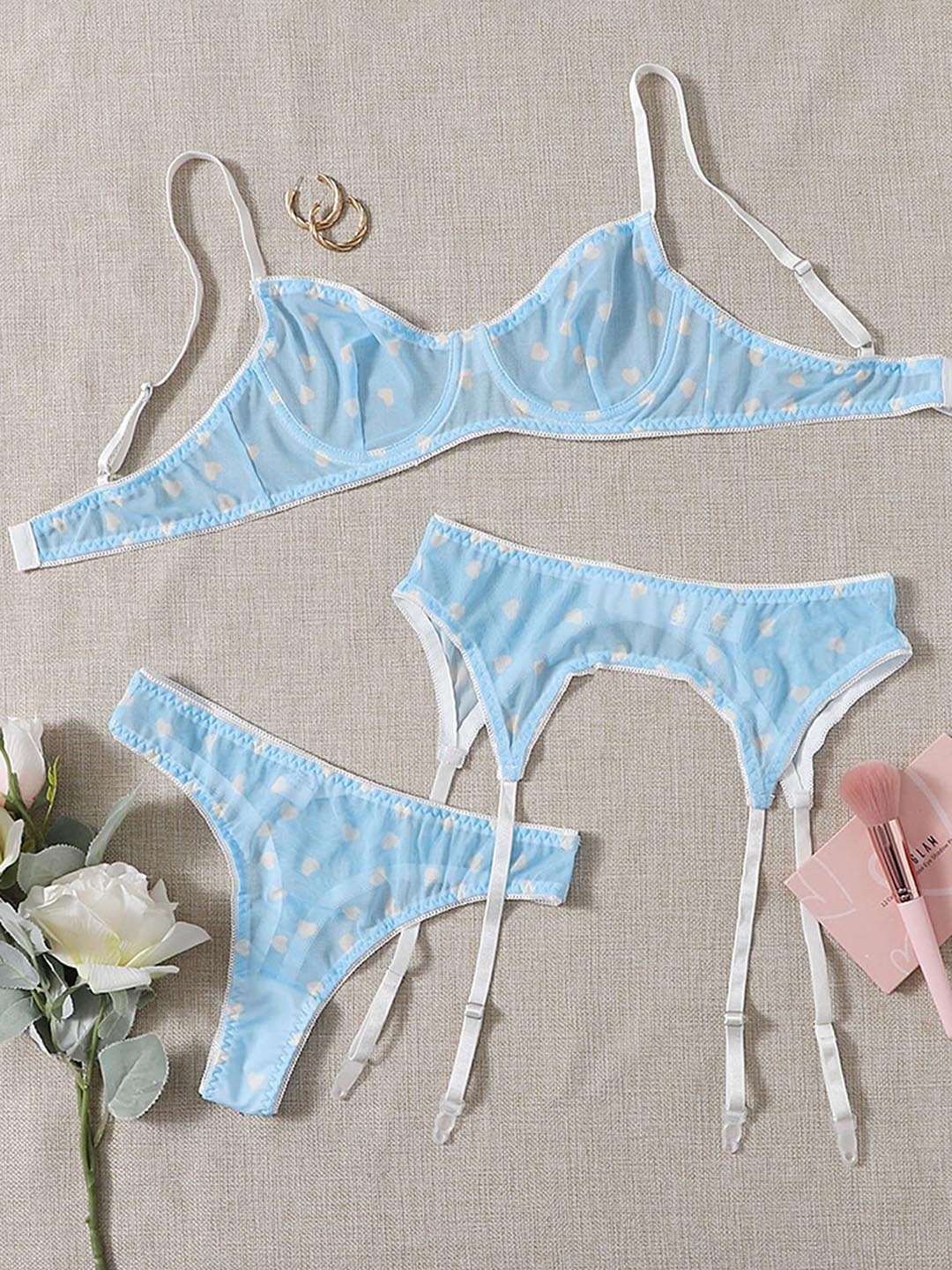 

LULU & SKY Heart-Motif Mesh Lingerie Set, Blue
