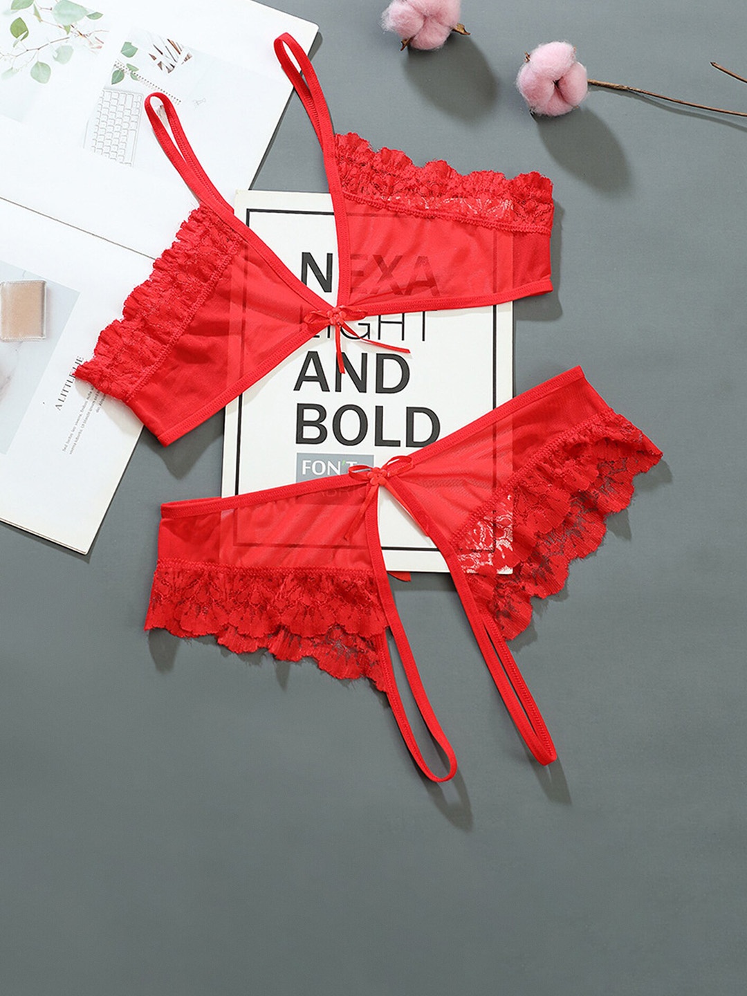 

LULU & SKY Sheer-Mesh Bow-Detail Lingerie Set, Red
