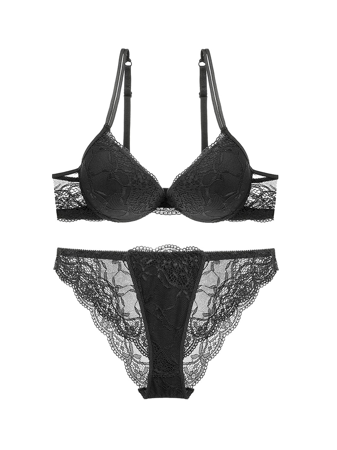 

LULU & SKY Self Design Lingerie Set, Black