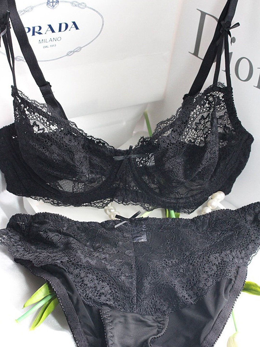 

LULU & SKY Laced Bow-Tie Ribbon Details Lingerie, Black