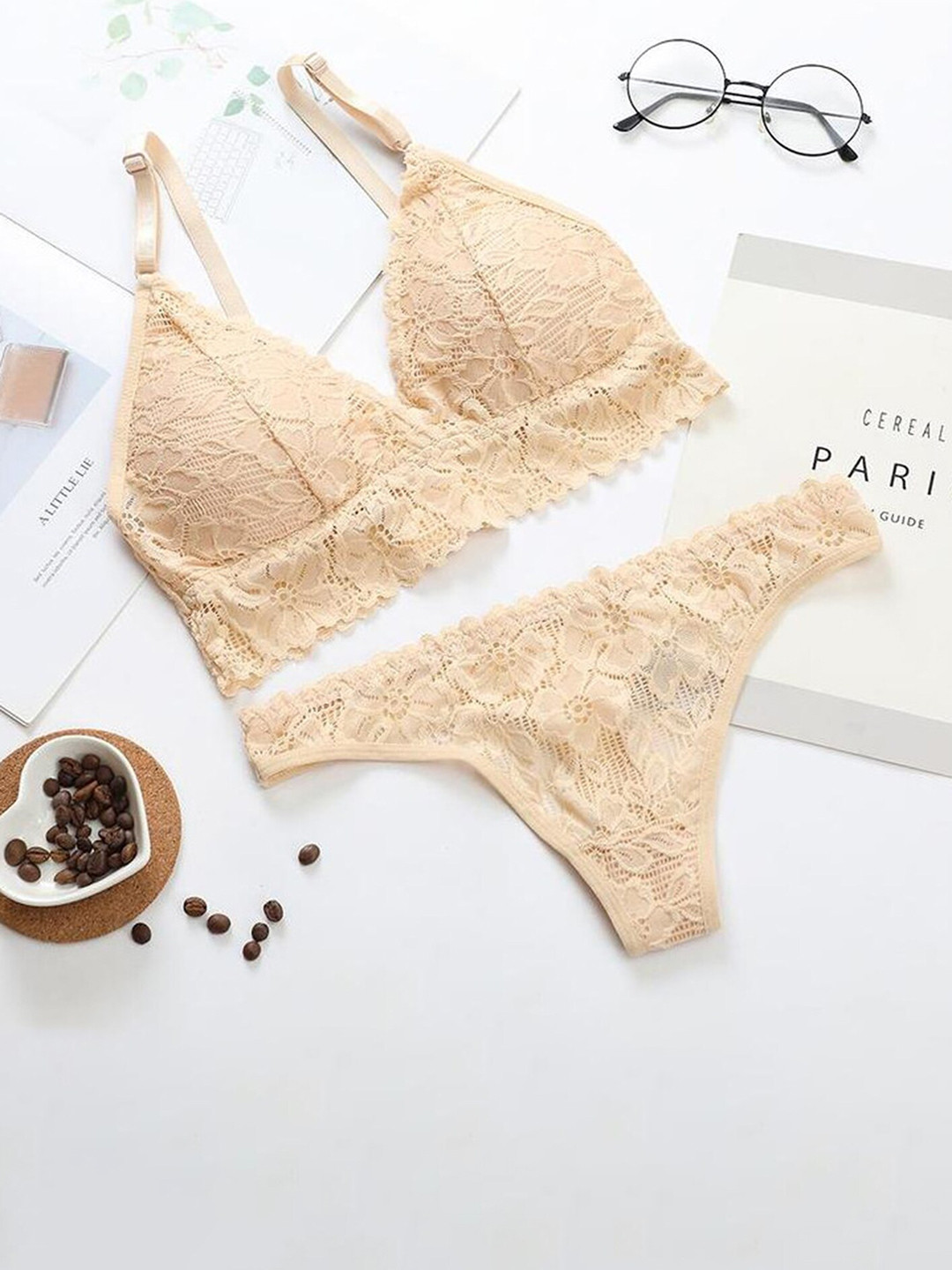 

LULU & SKY Lace Detail Bralette Lingerie Set, Beige