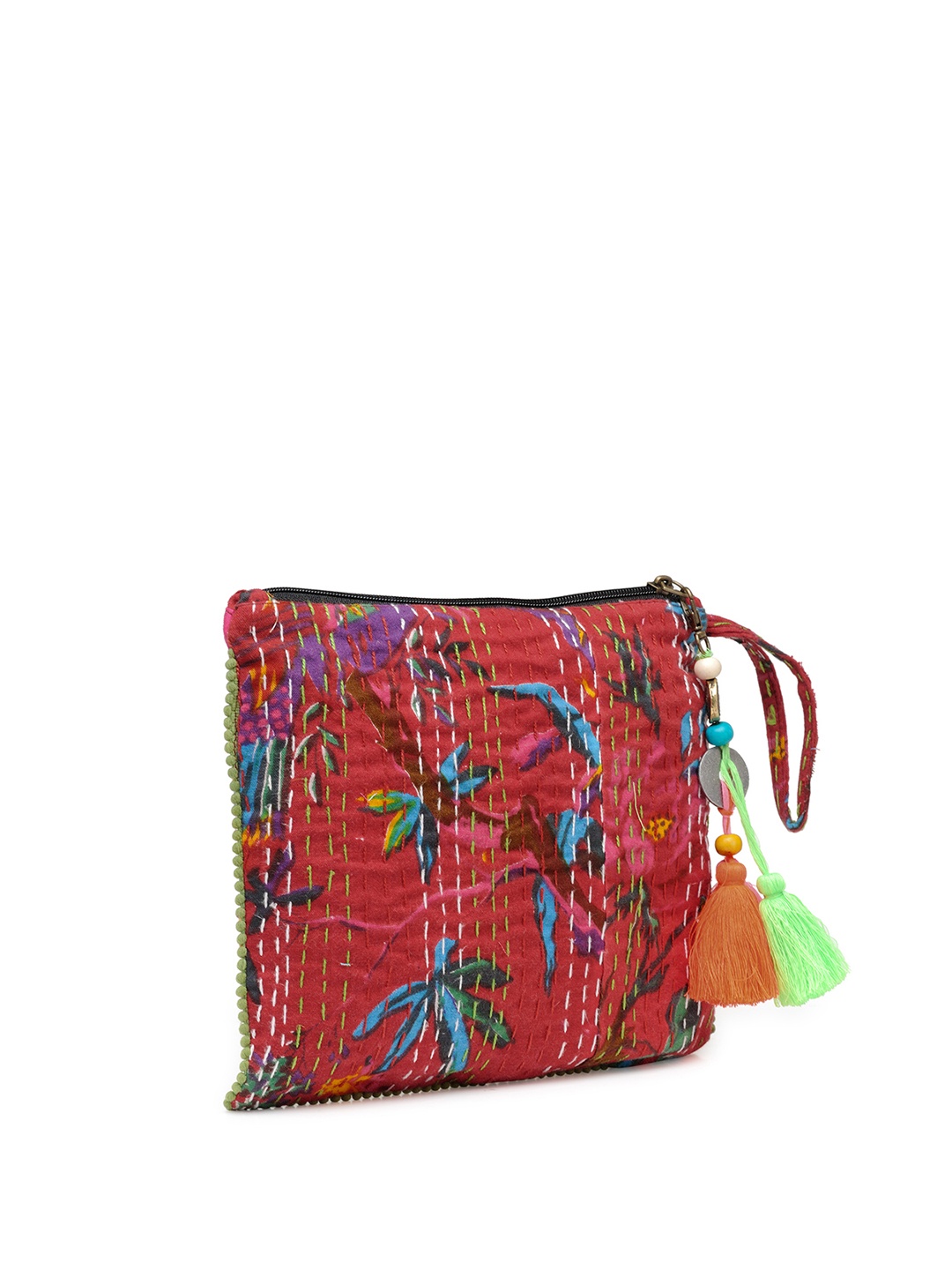 

The House of Tara Floral Printed Textured Kantha Pouch, Red
