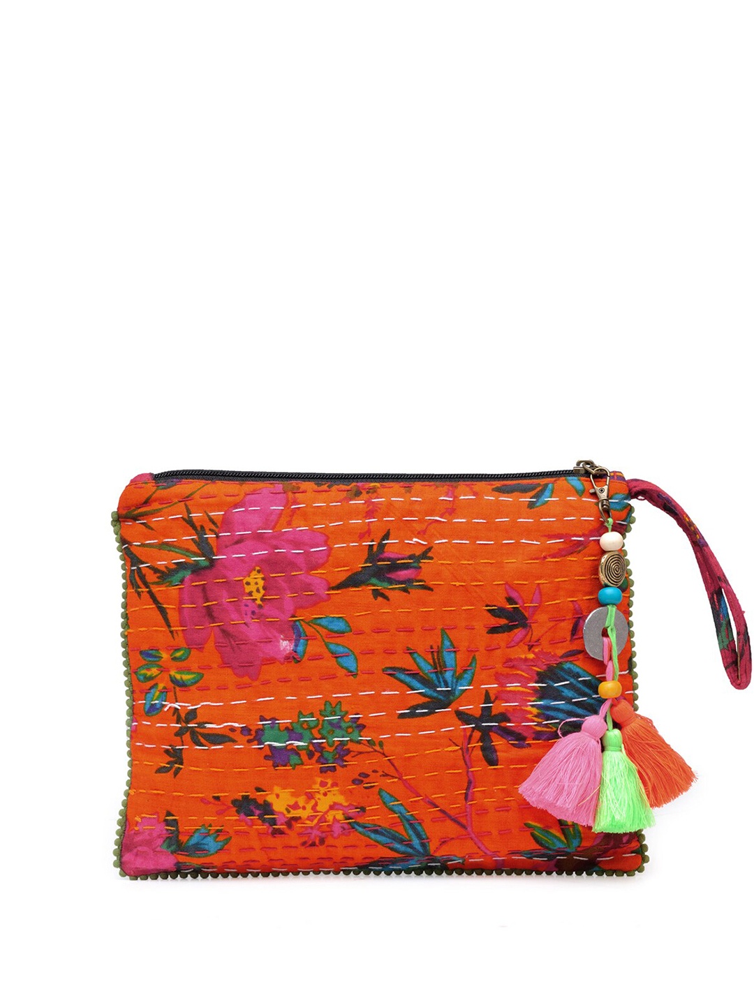 

The House of Tara Floral Printed Textured Kantha Pouch, Orange