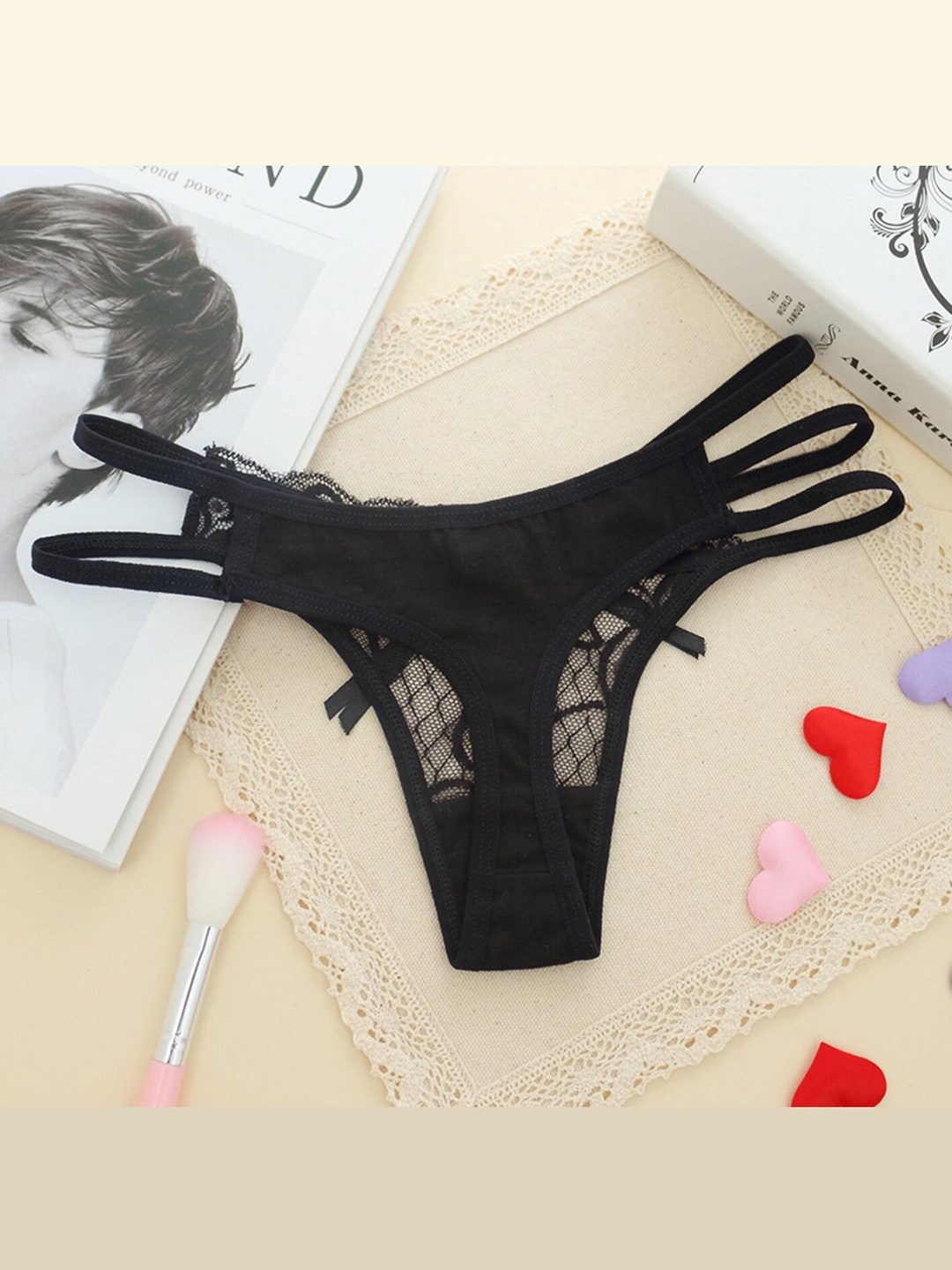 

LULU & SKY Strappy Lace Thong Briefs, Black