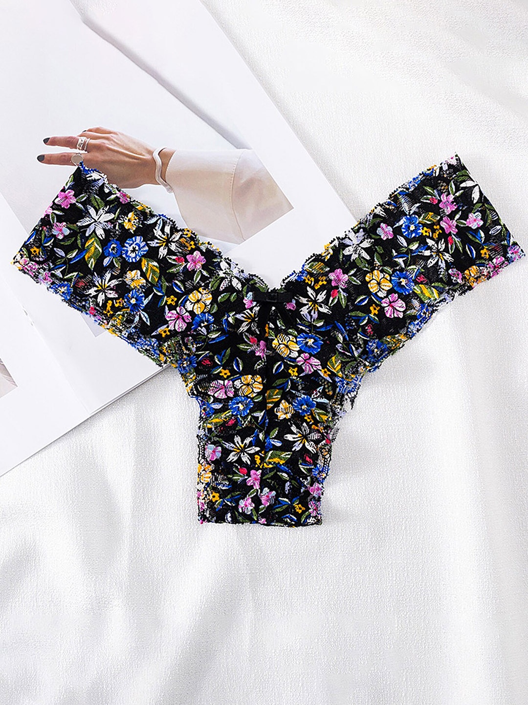 

LULU & SKY Floral Printed Low-Rise Thong Brief, Black