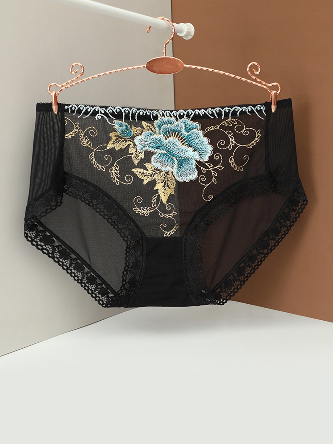 

LULU & SKY Mesh Floral Embroidered Hipster KS-8619-BLACK