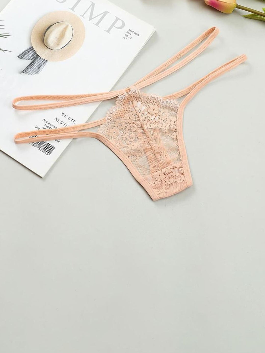 

LULU & SKY Laced Low Rise Thong Briefs, Beige