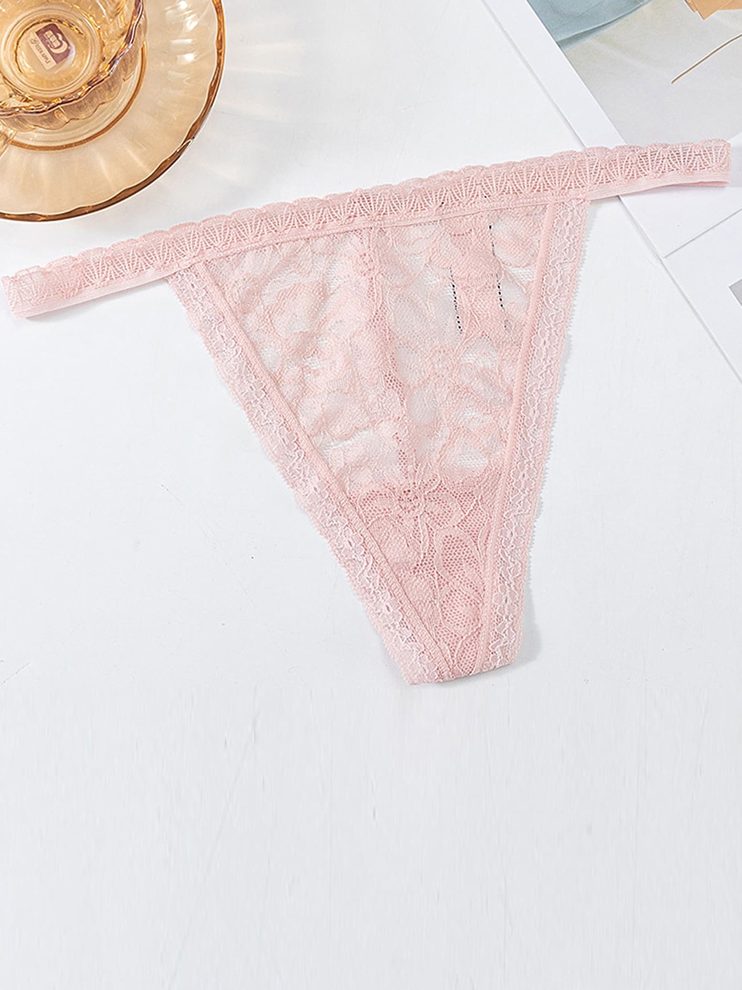 

LULU & SKY Women Laced T-Strap Low-Rise Thong Briefs, Pink