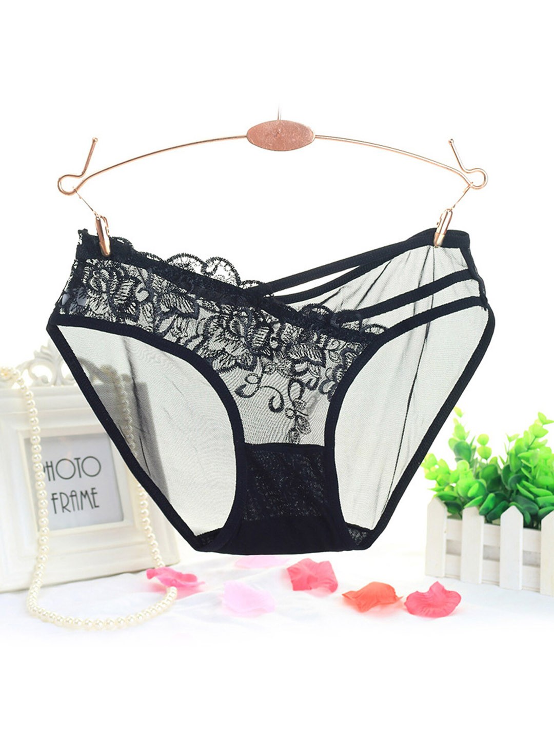 

LULU & SKY Mid-Rise Floral Laced Bikini Briefs, Black