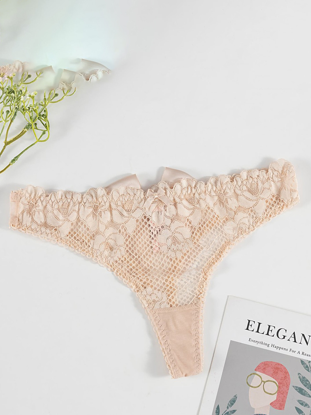 

LULU & SKY Self Design Low-rise Lace Thong Brief, Beige