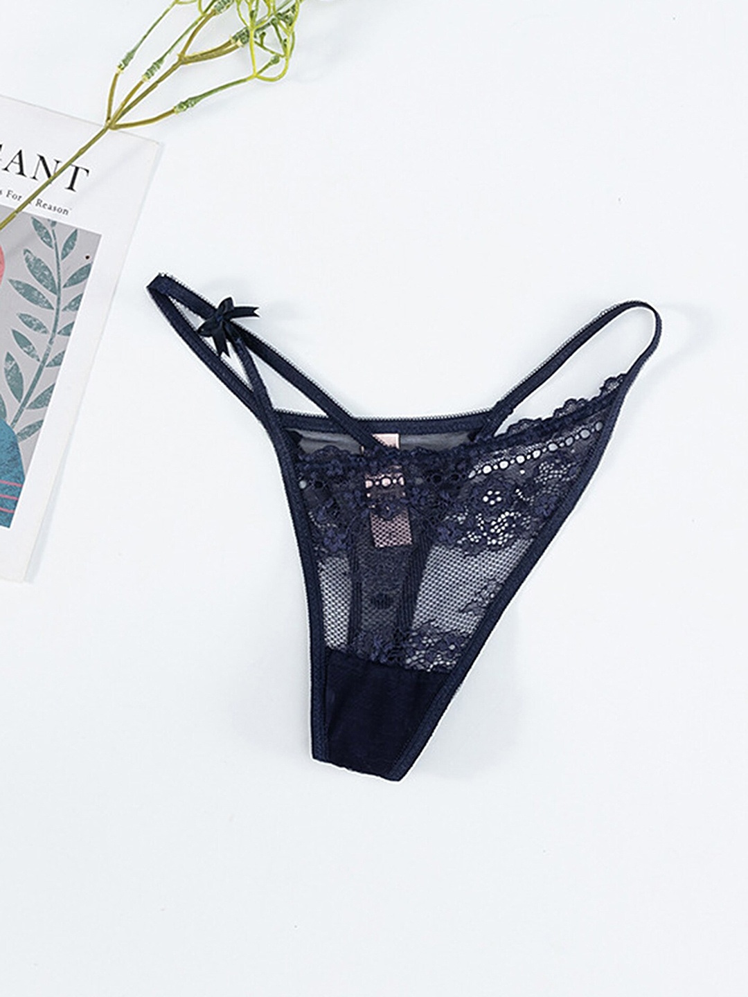 

LULU & SKY Floral Self Design Lace Mid-Rise Thongs, Navy blue