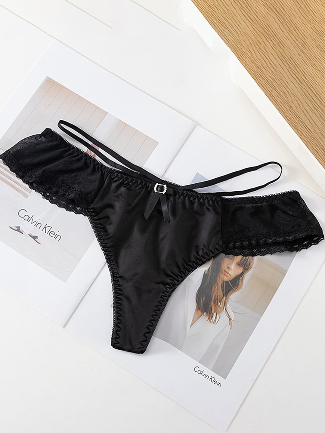 

LULU & SKY Strapped Lace Thong Briefs, Black