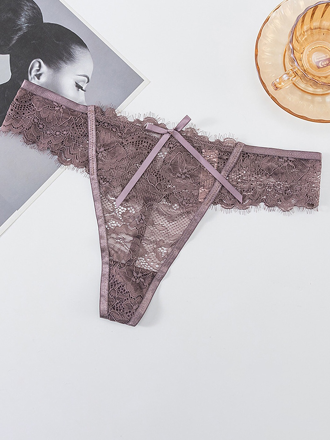 

LULU & SKY Self Design Low-Rise Lace Thong Brief, Purple