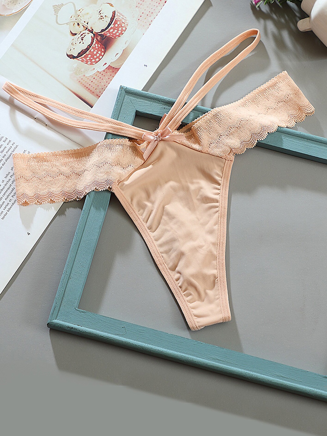 

LULU & SKY Self-Designed Lace Strappy Thong Brief, Beige