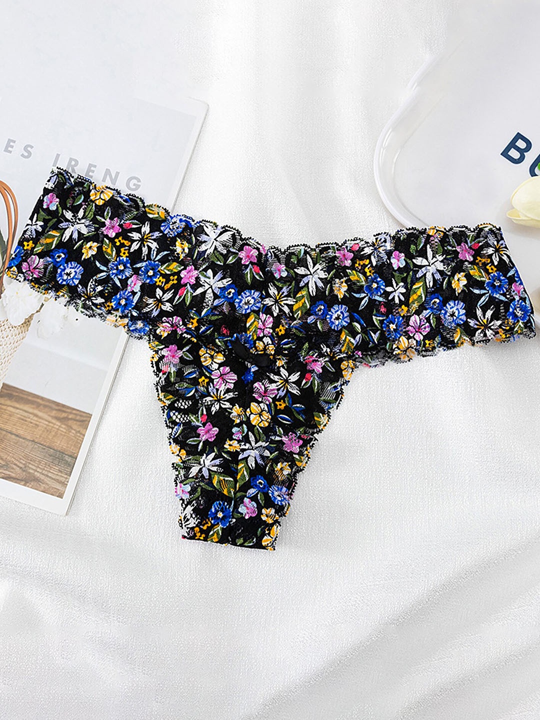 

LULU & SKY Printed Laced Thong Briefs, Black