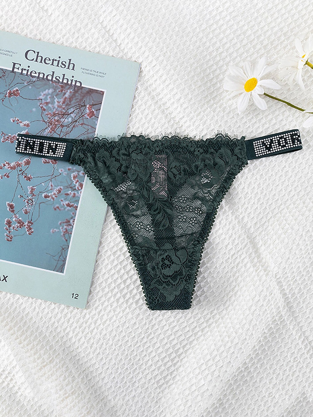

LULU & SKY Self Design Lace Thongs, Green