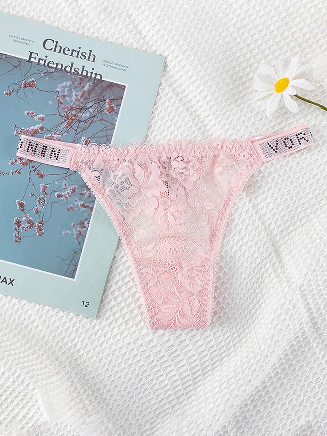 

LULU & SKY Floral Self Design Lace Mid-Rise Thongs, Pink