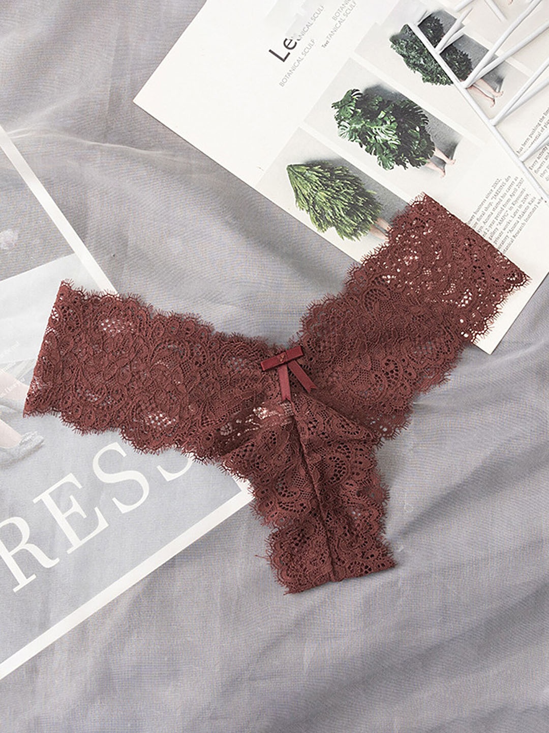 

LULU & SKY Floral Self Design Lace Thongs, Brown