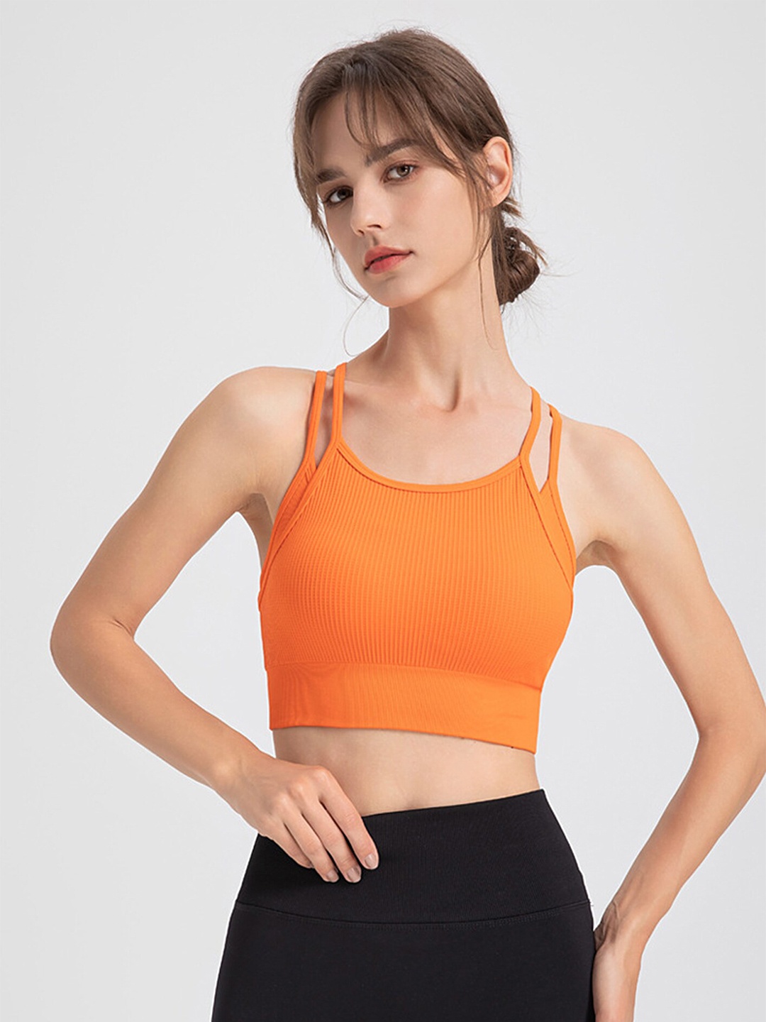 

LULU & SKY Ribbed Full Coverage Underwired Lightly Padded Seamless Workout Bra, Orange