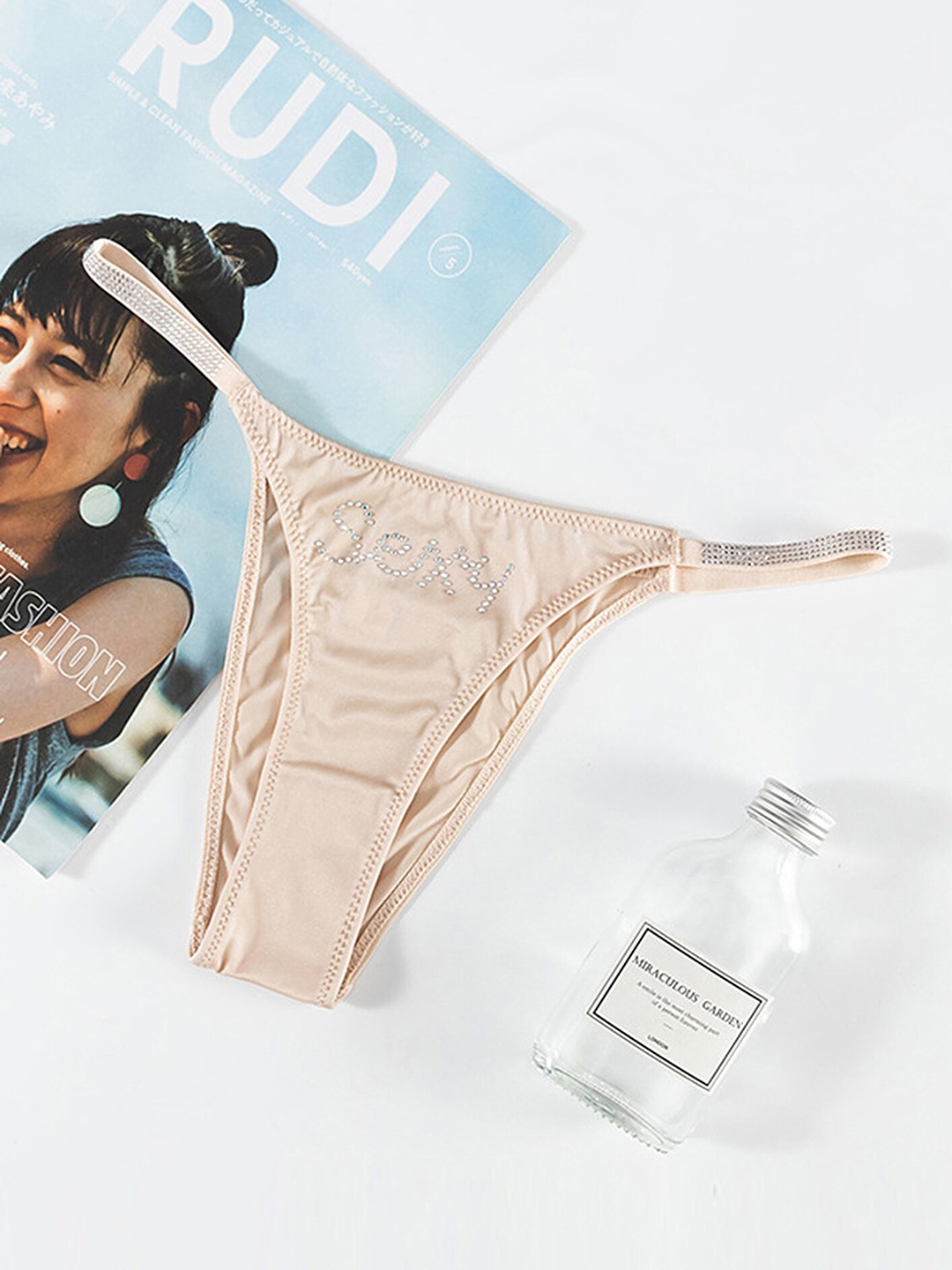 

LULU & SKY Typography Printed T-Strap Thong Brief, Beige