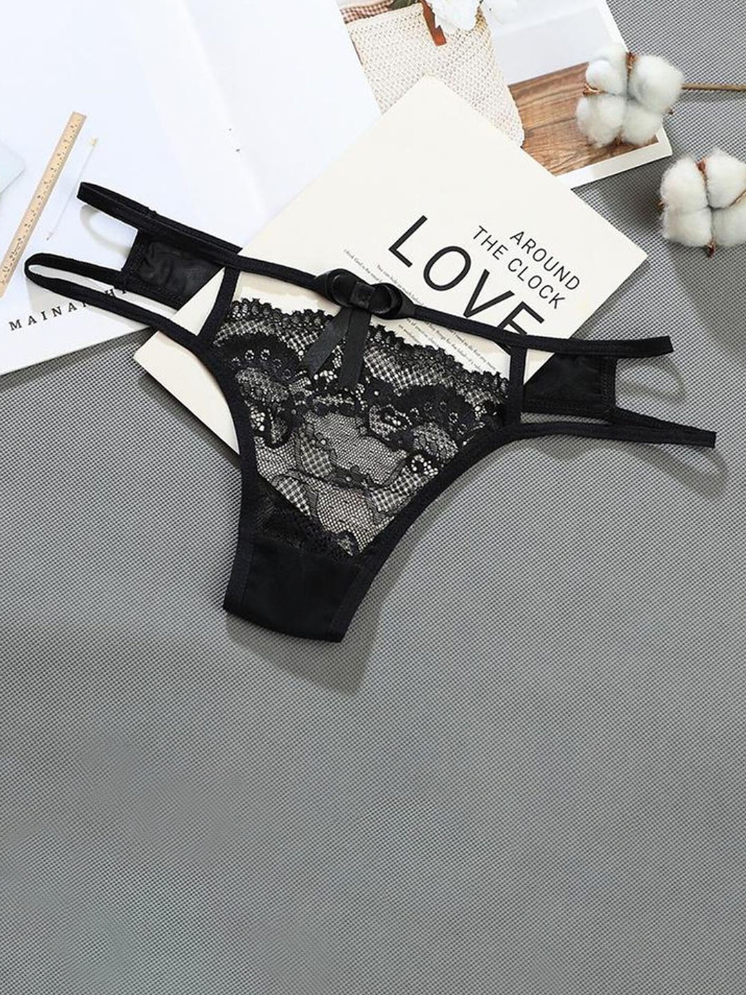 

LULU & SKY Lacy Detailed Thin-Strap Thong Briefs, Black