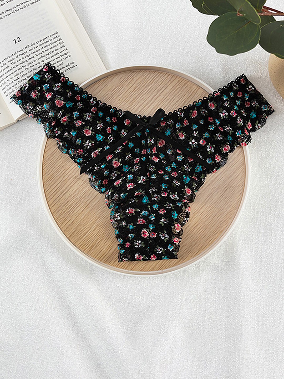 

LULU & SKY Floral Printed Mid Rise Thongs Briefs, Black