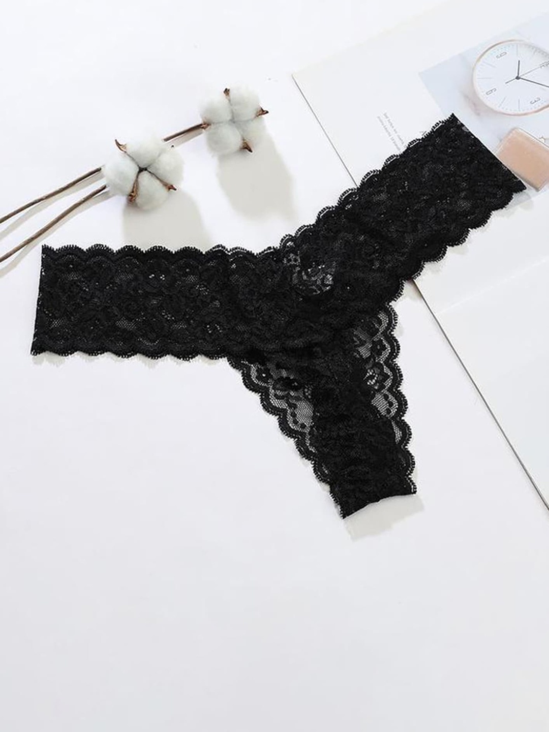 

LULU & SKY Self- Designed Mid-Rise Thongs Briefs, Black