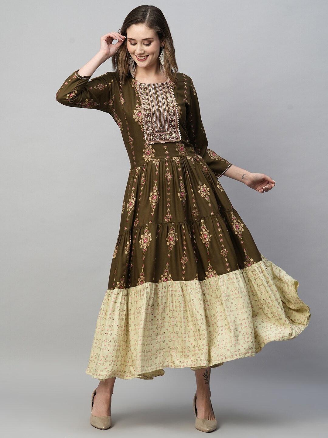 

KALINI Ethnic Motifs Printed Embroidered Fit & Flare Midi Ethnic Dress, Brown