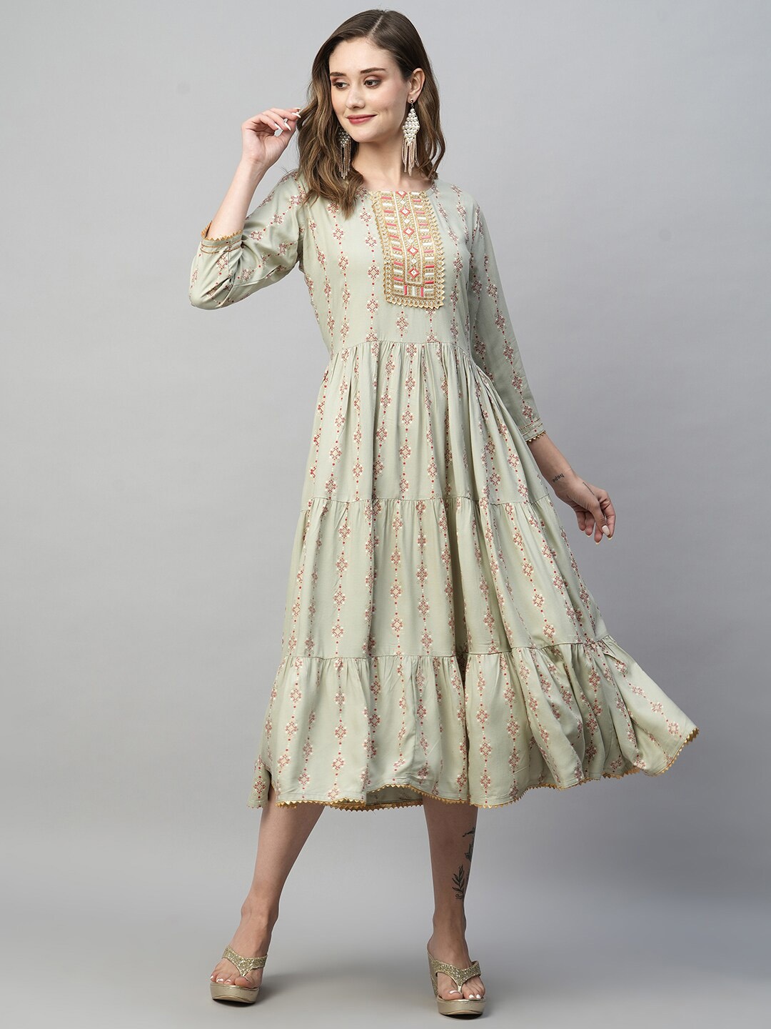 

KALINI Ethnic Motifs Printed Round Neck Embroidered Fit & Flare Midi Ethnic Dress, Grey
