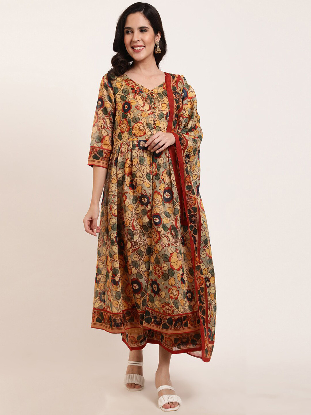 

FFU Ethnic Motifs Printed Pleated A-Line Kurta With Palazzo & Dupatta, Mustard